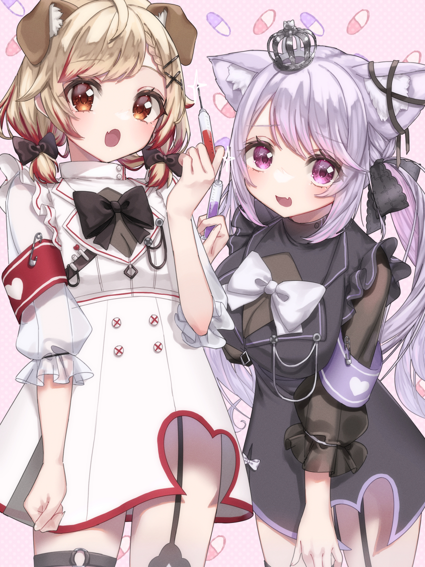 2girls, :o, absurdres, ahoge, alternate_costume, animal_ears, armband, black_bow