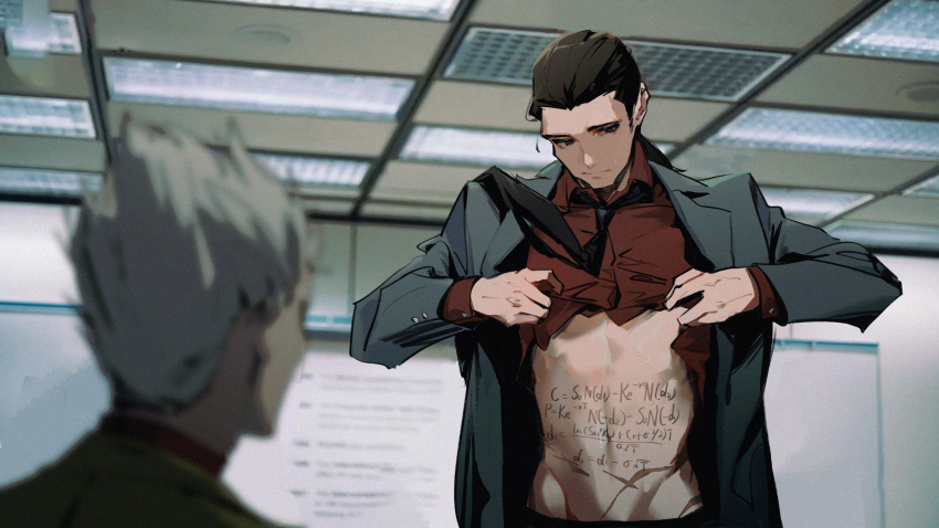 2boys, absurdres, black_eyes, black_hair, black_jacket, black_necktie, blazer, body_writing