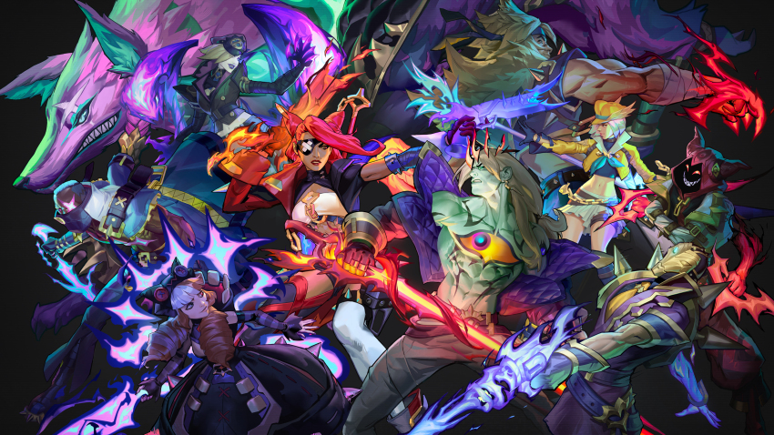 4girls, 5boys, abs, animal, animal_ears, black_background, black_jacket, blonde_hair, brown_hair, claws, clenched_teeth, closed_mouth, collarbone, colored_skin, cropped_jacket, dark-skinned_male, dark_skin, dress, evelynn_(league_of_legends), eyepatch, feet_out_of_frame, fingerless_gloves, gloves, glowing_skin, green_skin, grin, gun, gwen_(league_of_legends), highres, holding, holding_gun, holding_weapon, jacket, jacket_on_shoulders, jhin, league_of_legends, long_hair, long_sleeves, looking_at_viewer, lux_(league_of_legends), mask, midriff, miniskirt, multicolored_hair, multicolored_jacket, multiple_boys, multiple_girls, muscular, muscular_male, naafiri, navel, open_clothes, open_jacket, pants, pleated_skirt, purple_jacket, pyke_(league_of_legends), red_gloves, red_hair, red_jacket, red_lips, red_skin, samira, sett_(league_of_legends), shaco, sharp_teeth, short_hair, skirt, smile, soul_fighter_(league_of_legends), soul_fighter_evelynn, soul_fighter_gwen, soul_fighter_jhin, soul_fighter_lux, soul_fighter_naafiri, soul_fighter_pyke, soul_fighter_samira, soul_fighter_sett, soul_fighter_shaco, soul_fighter_viego, staff, stomach, teeth, two-tone_jacket, viego_(league_of_legends), weapon, wings, wolf, yellow_jacket