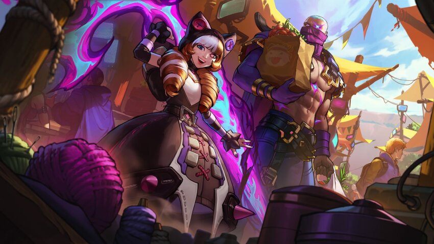 1boy, 1girl, :d, animal_ears, bag, belt, blue_eyes, brown_hair, fake_animal_ears, gwen_(league_of_legends), heterochromia, highres, holding, holding_bag, holding_scissors, holding_weapon, league_of_legends, legends_of_runeterra, missing_eye, multicolored_hair, nail_polish, official_art, open_mouth, pink_eyes, pyke_(league_of_legends), scissors, smile, soul_fighter_(league_of_legends), soul_fighter_gwen, soul_fighter_pyke, topless_male, two-tone_hair, weapon, white_hair