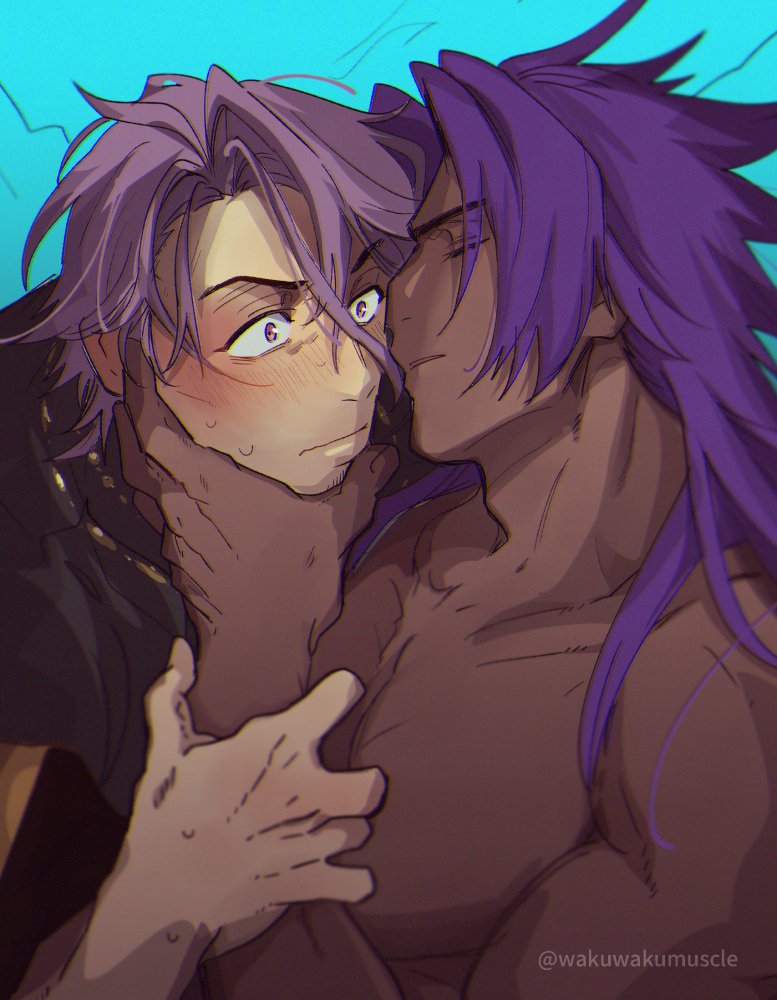 2boys, bara, bhima_(fate), blush, closed_eyes, dark-skinned_male, dark_skin, duryodhana_(fate), facial_hair, fate/grand_order, fate_(series), from_side, goatee_stubble, hand_on_another's_arm, head_grab, imminent_kiss, long_hair, male_focus, multiple_boys, muscular, muscular_male, nervous, nervous_sweating, no_nipples, pectorals, purple_eyes, purple_hair, short_hair, simple_background, stubble, surprised, sweat, upper_body, v-shaped_eyebrows, wakuwakumuscle, wide-eyed, yaoi