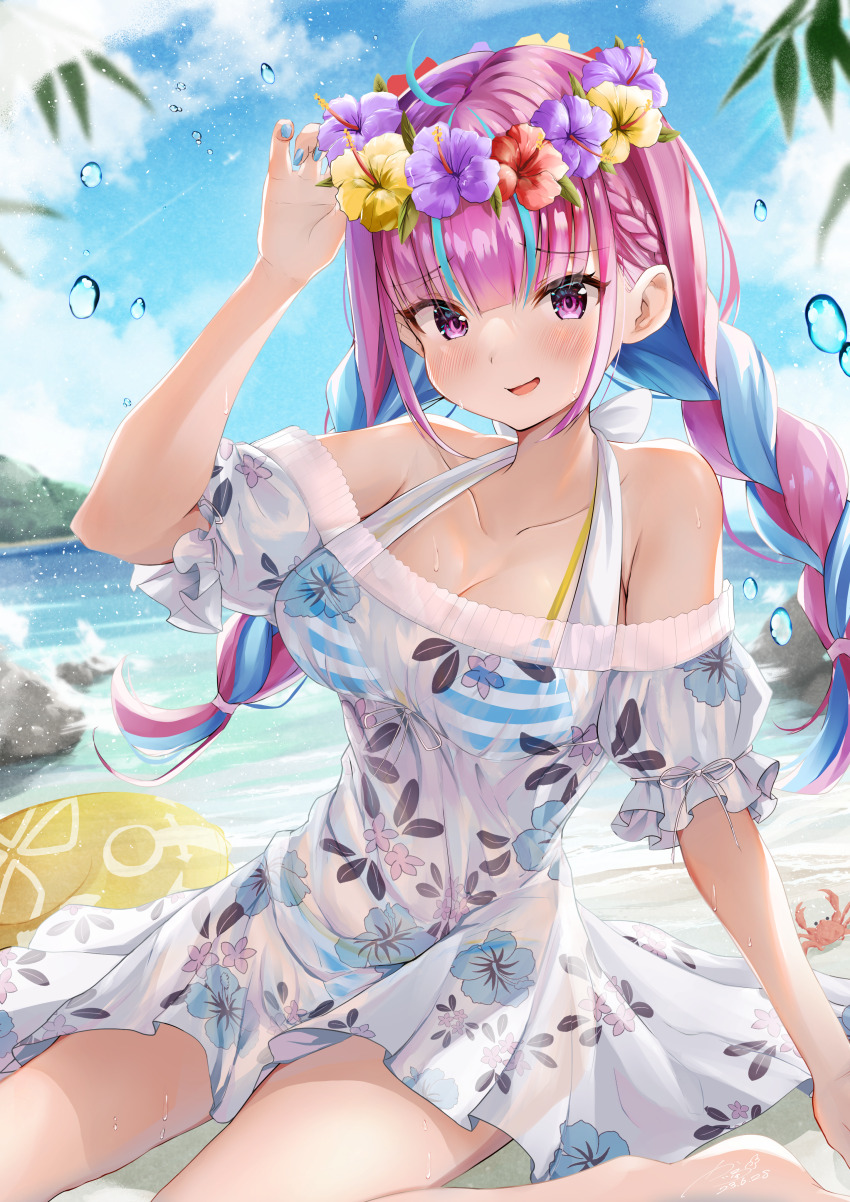 1girl, absurdres, ahoge, bare_shoulders, beach, bikini, blue_hair, blush