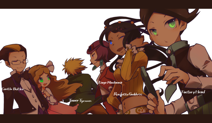 3boys, 3girls, argenta_(pokemon), belt, black_hair, blonde_hair, blue_eyes, bow