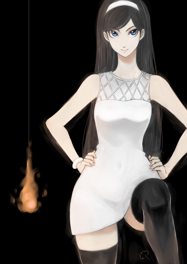 10s, 1girl, black_hair, black_thighhighs, dress, ema_(earth-b), female_focus, hairband, headband, kumashiro_maya, miniskirt, seikimatsu_occult_gakuin, short_dress, skirt, solo, thighhighs, zettai_ryouiki