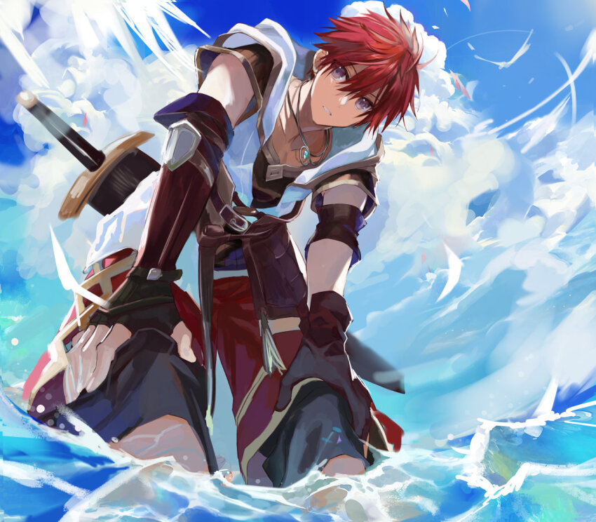 1boy, adol_christin, bird, blue_sky, cloud, falcom, fingerless_gloves, gloves