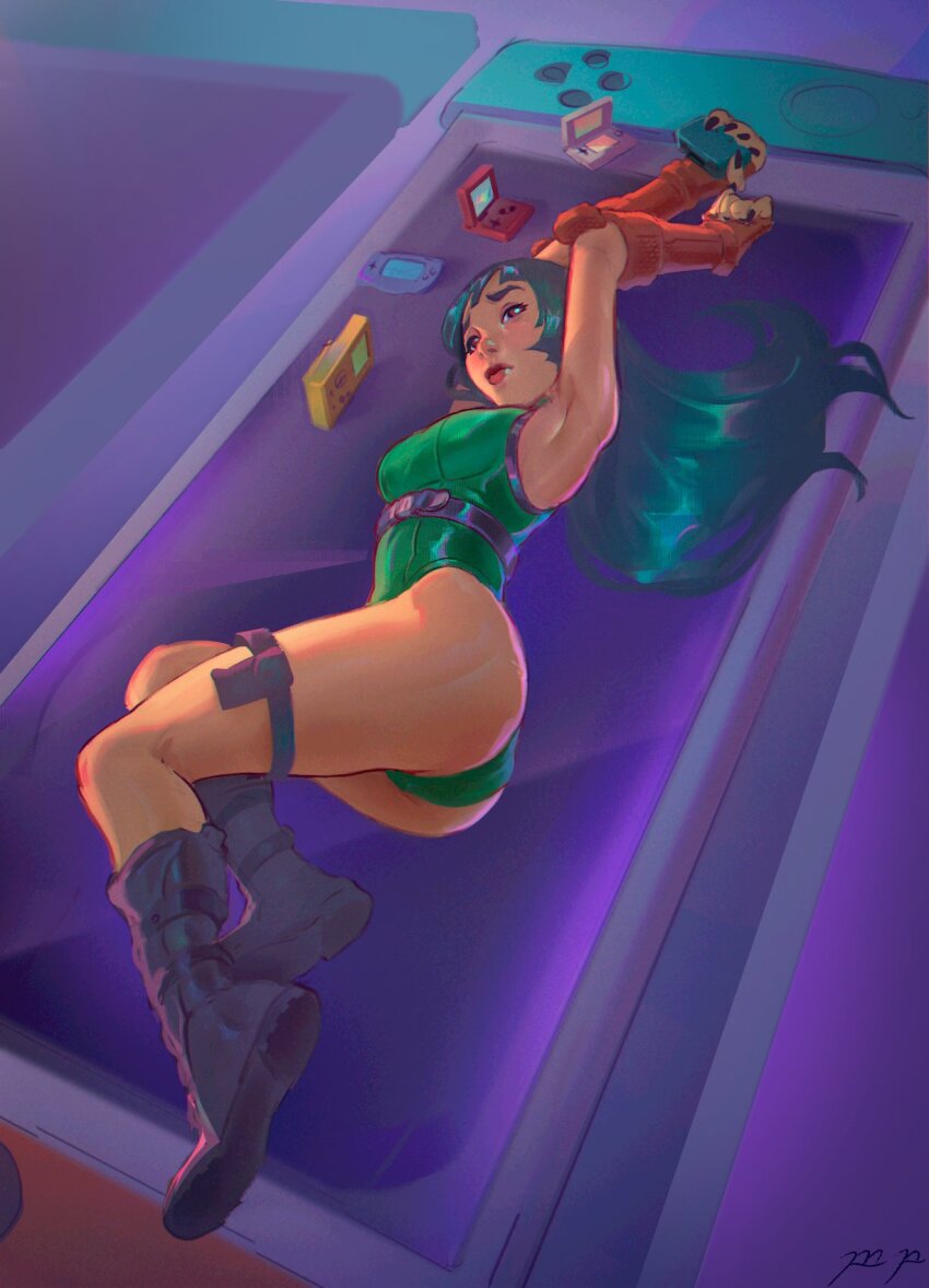 1girl, armpits, arms_up, ass, black_boots, black_hair, black_nails, boots