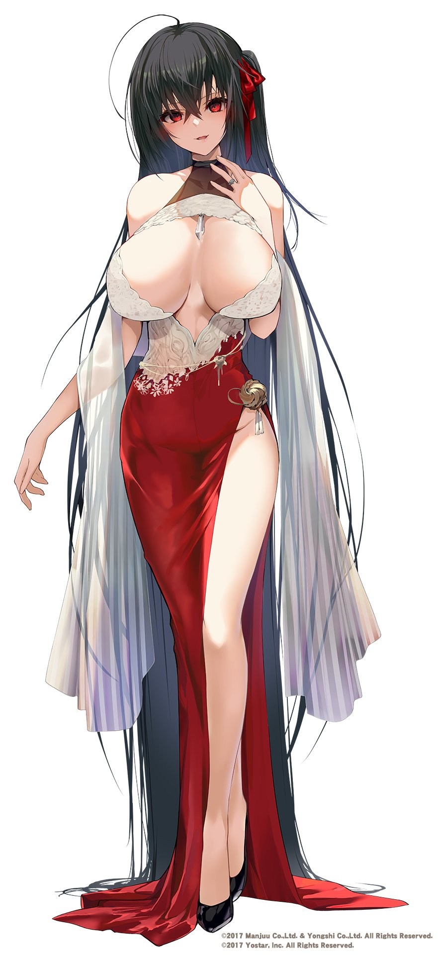 1girl, azur_lane, bare_shoulders, black_footwear, black_hair, breasts, cleavage, commentary_request, crossed_bangs, dress, full_body, hair_between_eyes, hair_ornament, hair_ribbon, highres, jewelry, large_breasts, long_hair, official_art, parted_lips, red_dress, red_eyes, red_ribbon, ribbon, ring, satou_daiji, side_ponytail, smile, standing, taihou_(azur_lane), taihou_(u-treasure)_(azur_lane), thighs, white_background