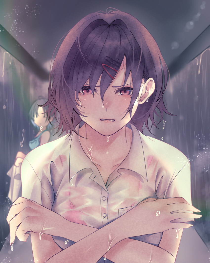 2girls, absurdres, ahoge, asakura_toru, bare_shoulders, blue_bra, blue_hair, blurry, blurry_background, bra, bra_visible_through_clothes, breasts, brown_hair, closed_mouth, collarbone, crossed_arms, gradient_hair, hair_ornament, hairclip, hands_up, highres, higuchi_madoka, holding, holding_shirt, holding_unworn_clothes, idolmaster, idolmaster_shiny_colors, kaiyuugyo_(furafura_sunna), looking_at_viewer, medium_breasts, mole, mole_under_eye, multicolored_hair, multiple_girls, parted_bangs, parted_lips, pink_bra, purple_eyes, rain, shelter, shirt, short_hair, swept_bangs, underwear, unworn_shirt, water_drop, wet, wet_clothes, wet_face, wet_hair, wet_shirt, white_shirt