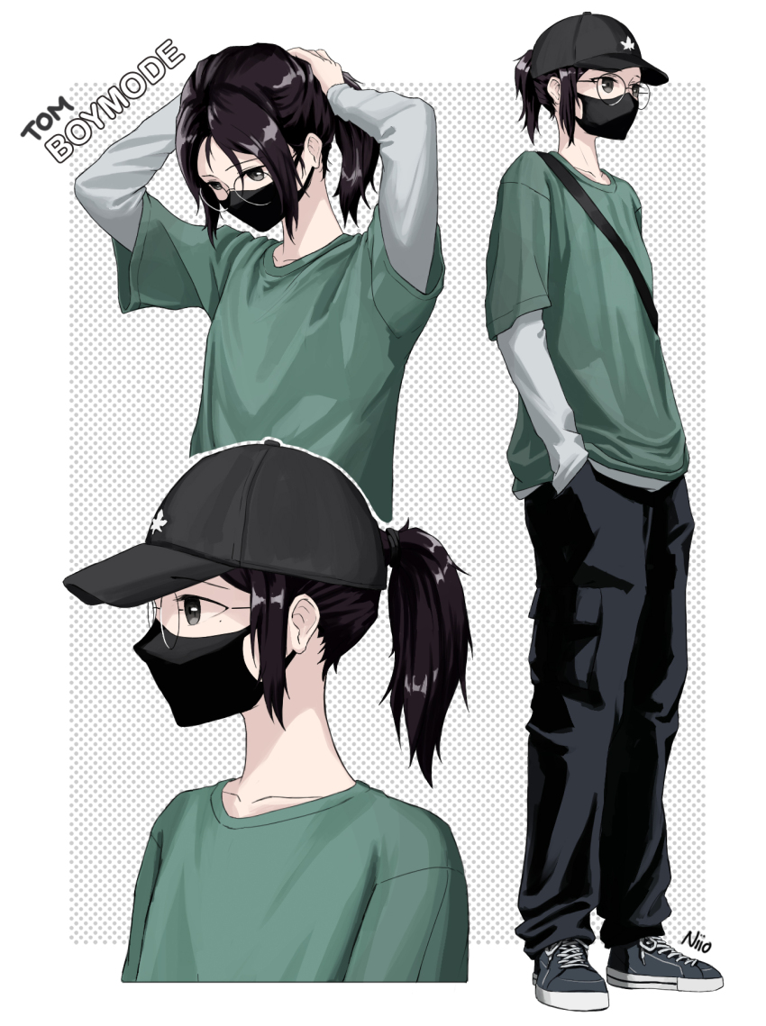1boy, arms_up, artist_name, bag, baseball_cap, black_eyes, black_hair, black_headwear