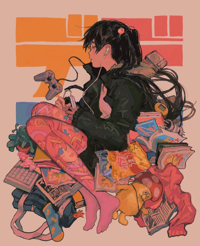 1girl, absurdres, bag, bag_charm, black_eyes, black_hair, black_jacket, black_shorts