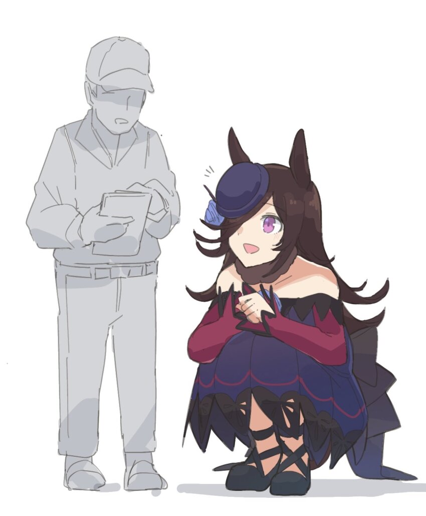 1boy, 1girl, animal_ears, bare_shoulders, blue_dress, brown_hair, dress, flower, full_body, hair_flower, hair_ornament, hair_over_one_eye, hat, highres, holding, horse_ears, horse_girl, long_sleeves, looking_at_another, nazono77, off-shoulder_dress, off_shoulder, open_mouth, purple_eyes, rice_shower_(umamusume), smile, squatting, tall_female, trainer_(umamusume), umamusume, white_background