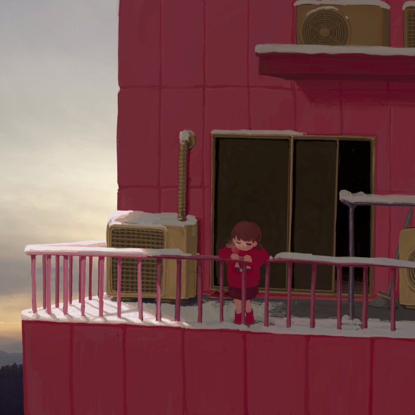 1girl, absurdres, against_railing, air_conditioner, balcony, boots, braid, breath