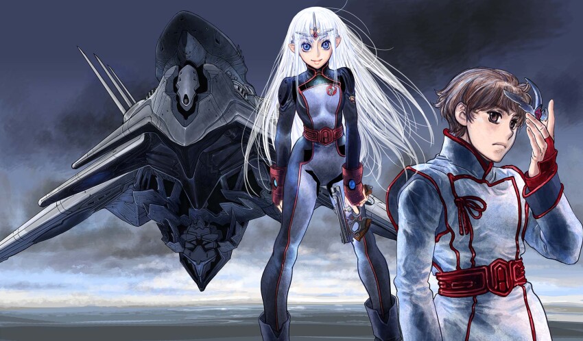 1boy, 1girl, belt, blue_bodysuit, blue_eyes, blue_hair, blue_jacket, bodysuit