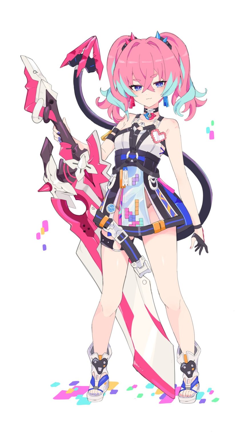 1girl, awe_(adorableduckyy), bare_shoulders, black_choker, black_gloves, blue_eyes, blue_hair, boots