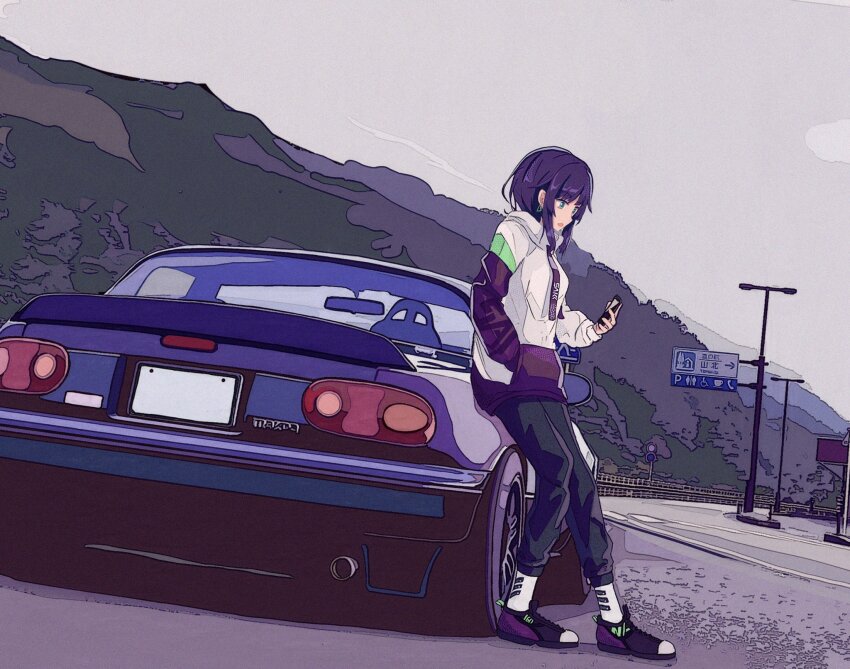 1girl, adidas, black_pants, black_shoes, blue_eyes, blue_hair, breasts, cellphone