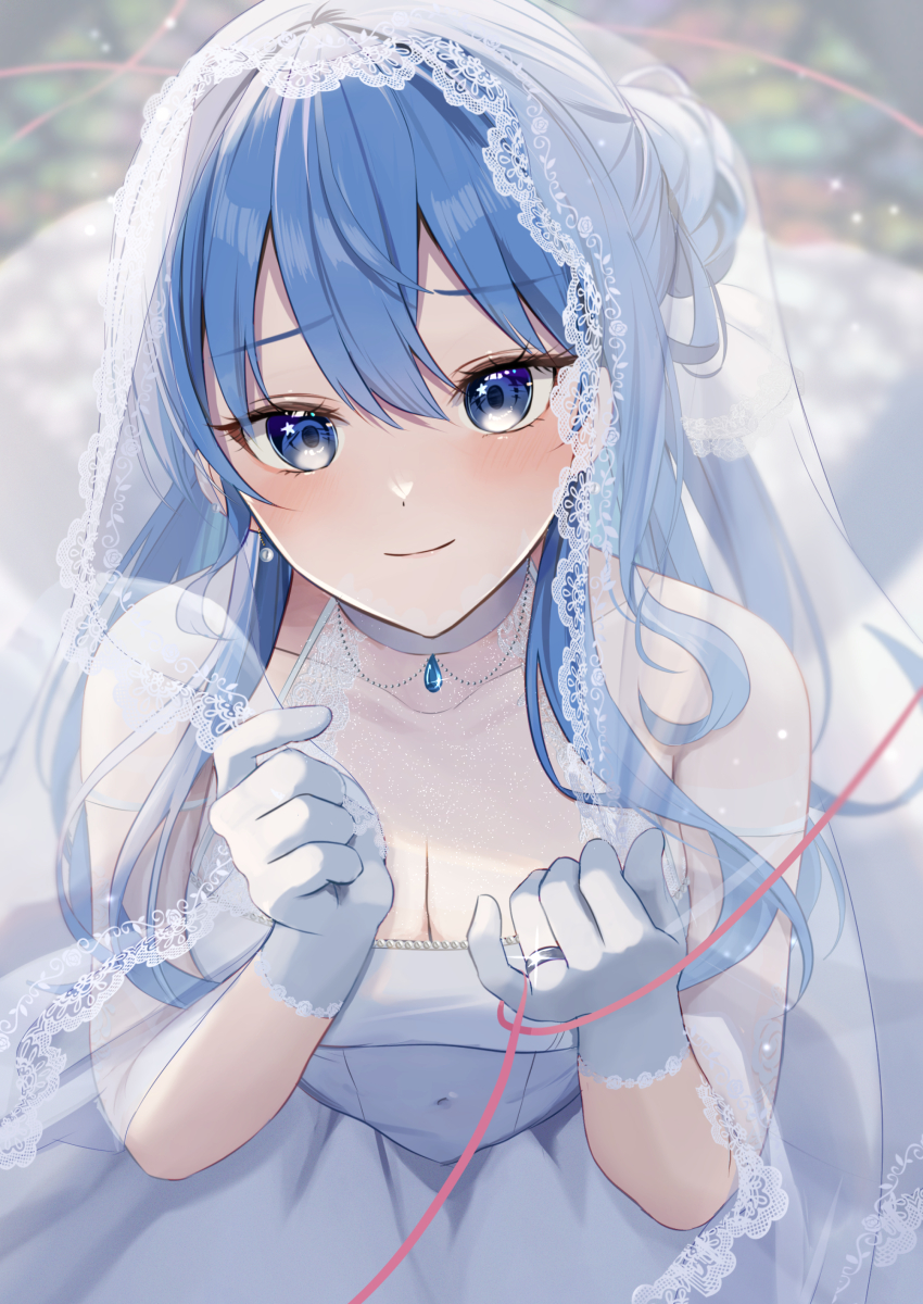 1girl, absurdres, blue_eyes, blue_hair, breasts, bridal_veil, cleavage, dress