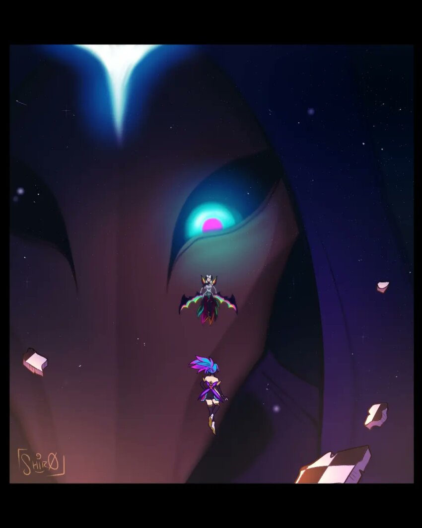 1boy, 2girls, akali, artist_name, blue_hair, dark_cosmic_jhin, giant, glowing