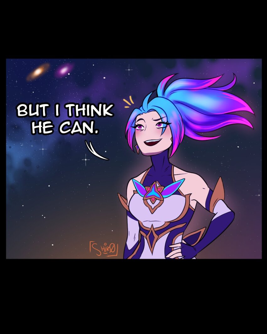 1girl, :d, akali, artist_name, bare_shoulders, black_gloves, blue_bodysuit, blue_dress, blue_hair, blush, bodysuit, covered_collarbone, dress, earrings, english_text, fingerless_gloves, gloves, grey_dress, grey_gloves, hand_on_own_hip, highres, jewelry, league_of_legends, long_hair, open_mouth, pink_hair, ponytail, ponytali, shir0samaa, smile, solo, space, star_guardian_akali, teeth, upper_body, upper_teeth_only