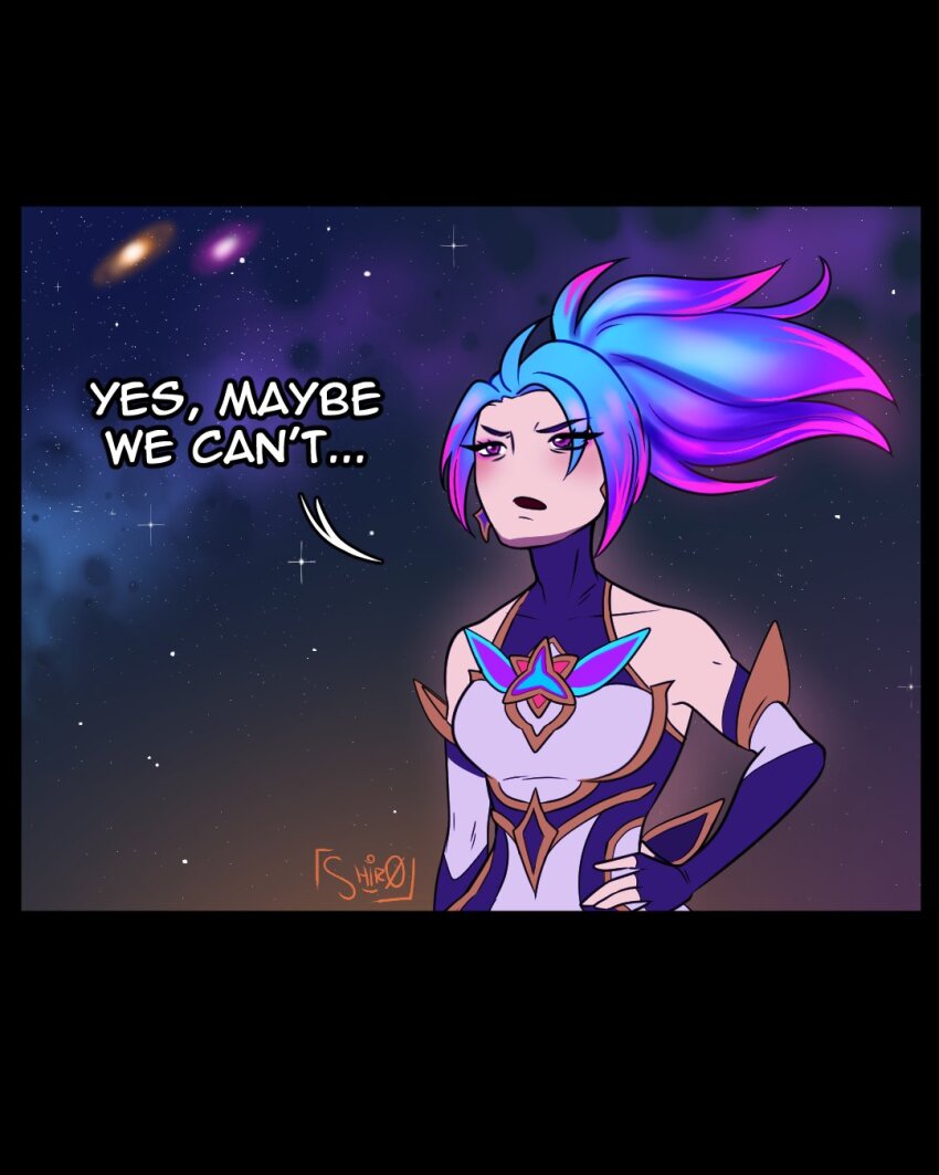 1girl, akali, artist_name, bare_shoulders, black_gloves, blue_bodysuit, blue_dress, blue_hair, blush, bodysuit, covered_collarbone, dress, earrings, english_text, fingerless_gloves, gloves, grey_dress, grey_gloves, hand_on_own_hip, highres, jewelry, league_of_legends, long_hair, pink_hair, ponytail, ponytali, shir0samaa, solo, space, star_guardian_akali, upper_body