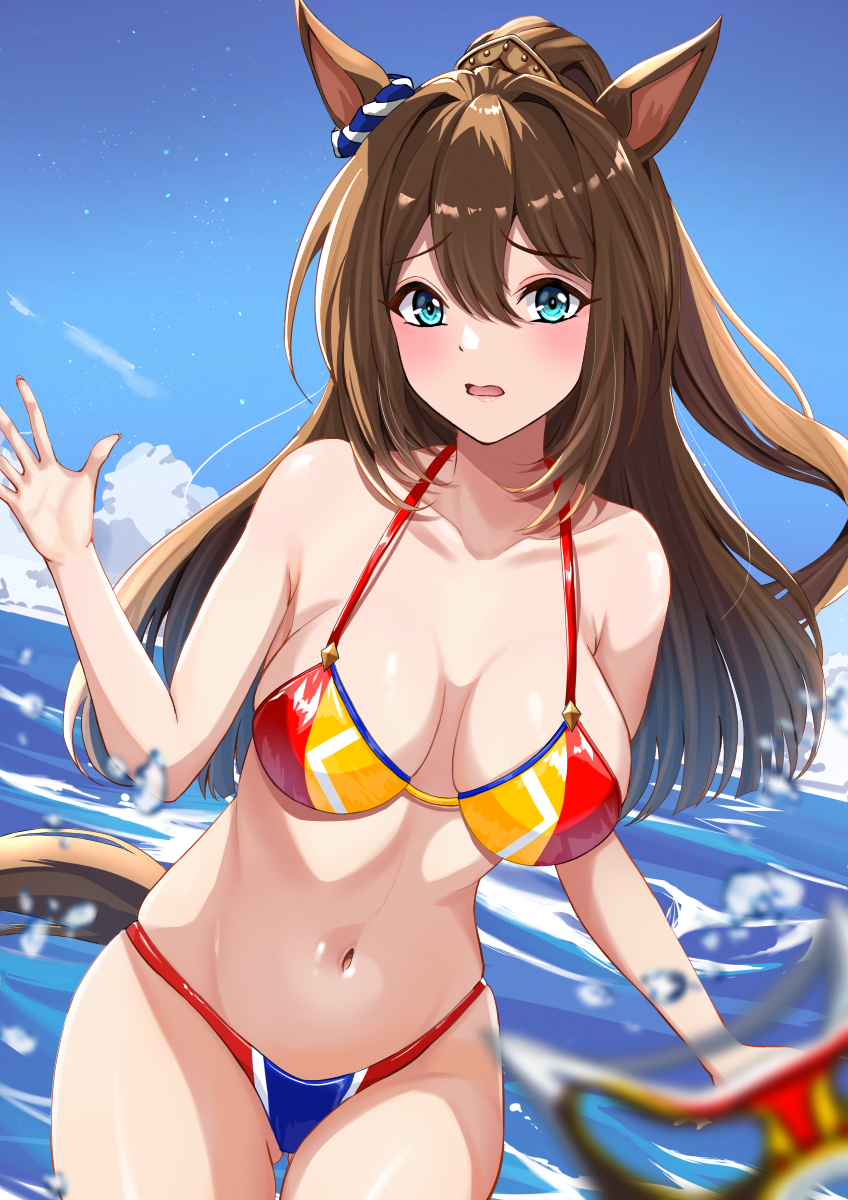 1girl, animal_ears, bikini, blue_sky, blurry, blurry_foreground, blush, breasts