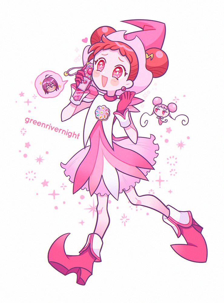 1boy, 1girl, akatsuki_(ojamajo_doremi), artist_name, blush, boots, chibi, chibi_inset, commentary_request, dodo_(ojamajo_doremi), double_bun, dress, earrings, fairy, fortissimo, full_body, gloves, greenriverknight, hair_bun, hair_ornament, harukaze_doremi, hat, heart, holding, jewelry, magical_girl, musical_note, musical_note_hair_ornament, ojamajo_doremi, open_mouth, pink_boots, pink_dress, pink_eyes, pink_gloves, pink_hair, pink_headwear, short_hair, smile, speech_bubble, standing, star_(symbol), white_background, witch_hat