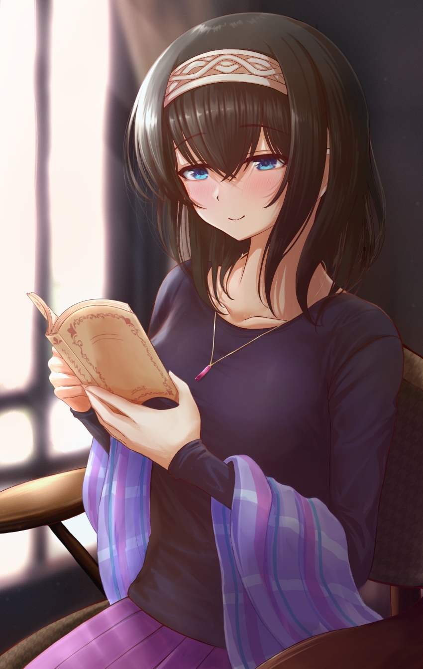 1girl, absurdres, black_hair, blue_eyes, blush, book, breasts, hairband