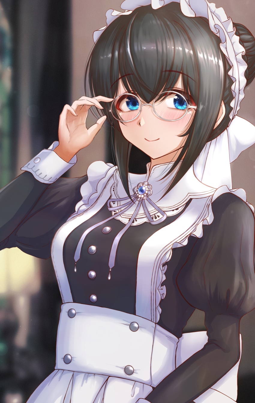 1girl, absurdres, adjusting_eyewear, alternate_costume, apron, black_hair, blue_eyes, blurry