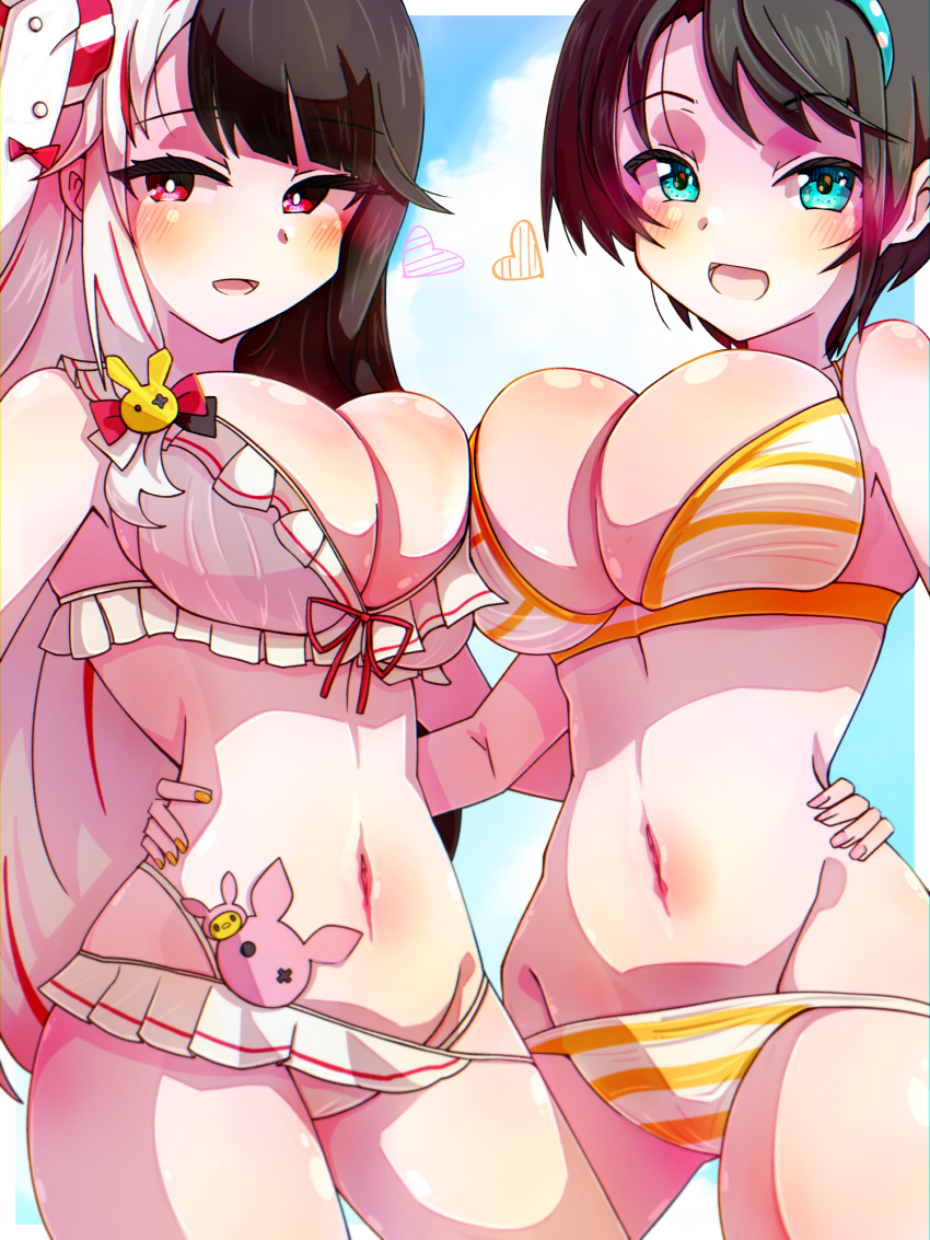 2girls, :d, asymmetrical_docking, bikini, black_hair, blue_eyes, breast_press, breasts