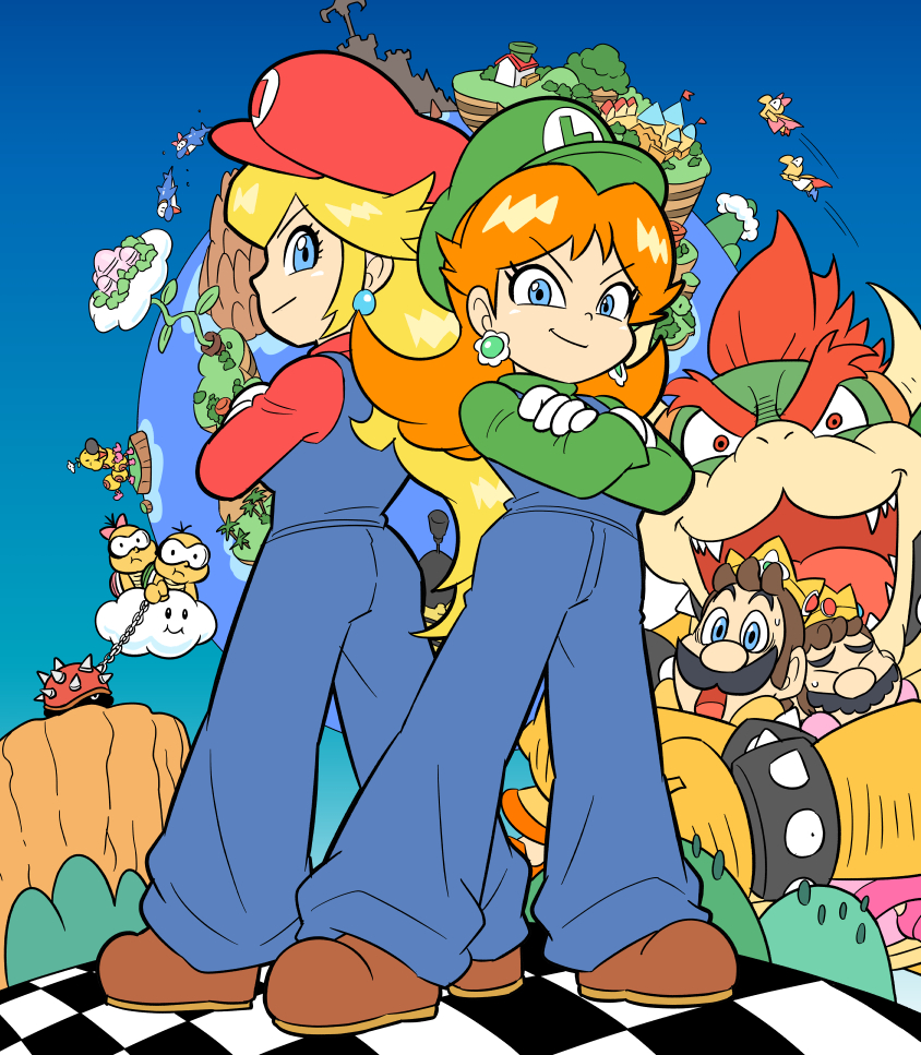 2girls, 3boys, back-to-back, blonde_hair, blue_eyes, bowser, bracelet, checkered_floor, cloud, cosplay, costume_switch, crossed_arms, dolphin, dolphin_(mario), earrings, facial_hair, flying, glasses, gloves, hat, horns, island, jewelry, junnosu, koopa_troopa, lakitu, long_hair, luigi, luigi_(cosplay), mario, mario_(cosplay), mario_(series), multiple_boys, multiple_girls, mustache, nintendo, open_mouth, orange_hair, overalls, planet, princess_daisy, princess_daisy_(cosplay), princess_peach, princess_peach_(cosplay), red_eyes, red_hair, short_hair, sphere_earrings, spiked_bracelet, spikes, spiny, super_koopa, super_mario_rpg, super_mario_world, sweatdrop, white_gloves, wiggler