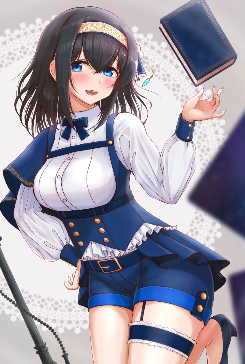 1girl, absurdres, black_hair, blue_dress, blue_eyes, blush, book, breasts