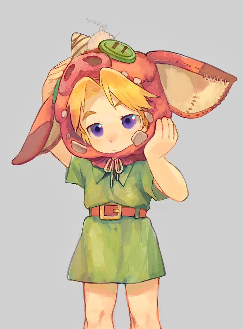 1boy, animal_hat, belt, blonde_hair, child, closed_mouth, cowboy_shot, facing_viewer, green_tunic, grey_background, hands_on_headwear, hat, highres, link, male_focus, nintendo, olxexlo, pig_hat, short_hair, simple_background, solo, the_legend_of_zelda, tunic, young_link