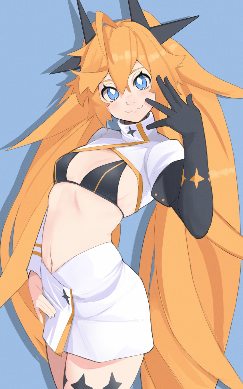 1girl, :3, ahoge, bikini, bikini_top_only, black_bikini, black_gloves, blonde_hair, blue_background, blue_eyes, blush, clear_(djmax), closed_mouth, commentary, djmax, djmax_respect, elbow_gloves, english_commentary, gloves, hair_between_eyes, hair_ornament, hand_on_own_hip, highres, long_hair, looking_at_viewer, maishtar_colo, navel, shadow, simple_background, single_glove, skirt, smile, solo, star_(symbol), swimsuit, twintails, very_long_hair, white_skirt