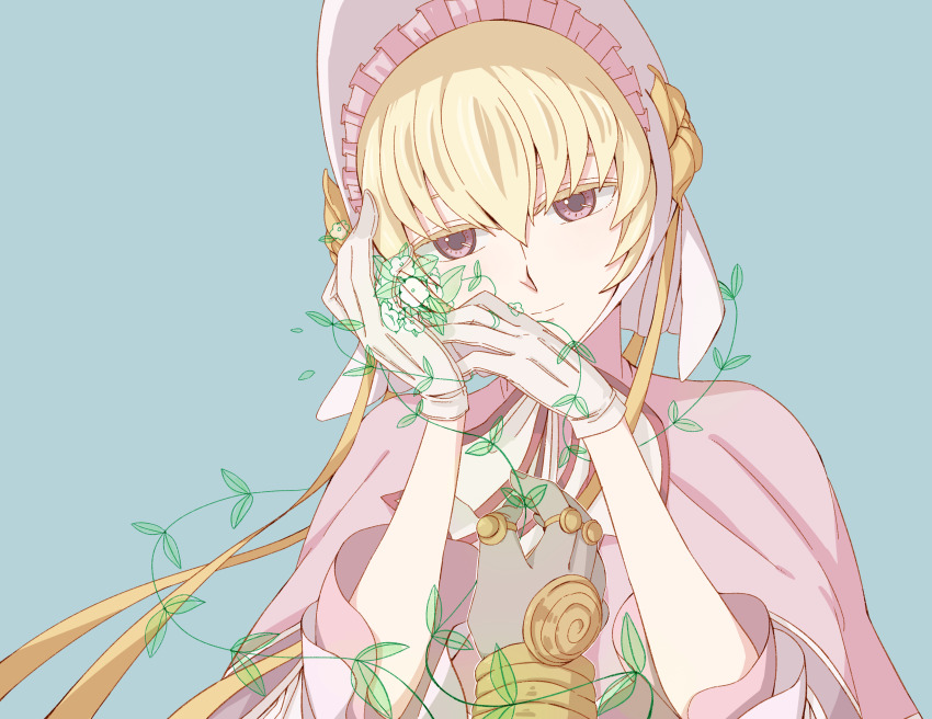 1girl, absurdres, ascot, blonde_hair, delfuze, dress, florakinesis, gloves, hair_between_eyes, hands_up, head_tilt, highres, leaf, long_hair, looking_at_viewer, mahou_tsukai_no_yome, maid_headdress, pink_dress, pink_eyes, silkie, solo, upper_body, white_gloves