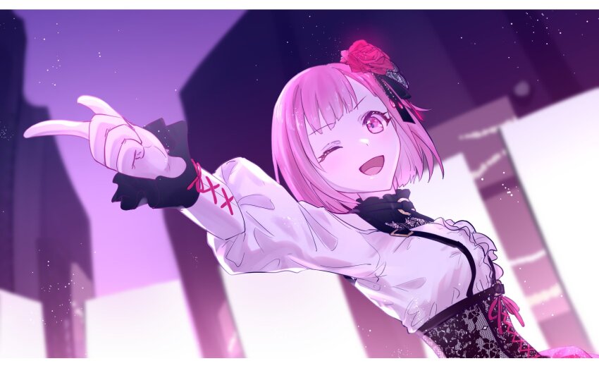 1girl, :d, bob_cut, breasts, commentary_request, corset, dot_nose, flower