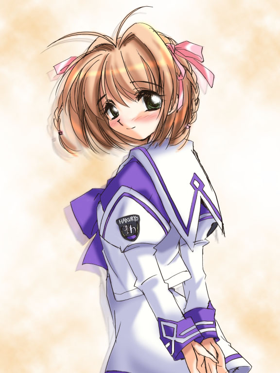 1girl, antenna_hair, arms_behind_back, cardcaptor_sakura, cosplay, hair_intakes, hair_ribbon, kimi_ga_nozomu_eien