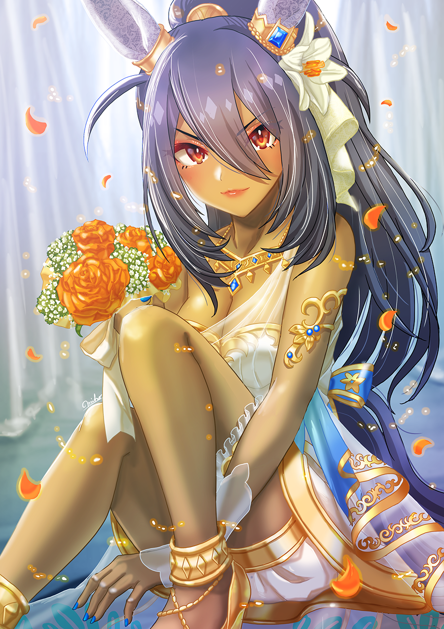 1girl, animal_ears, anklet, armlet, artist_name, back_bow, bare_shoulders, black_hair