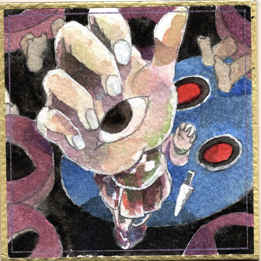 1girl, 6+others, arm_at_side, blood, blood_on_clothes, blood_on_face, border, brown_eyes, commentary_request, corpse, cyclops, hand_eye, foreshortening, from_above, green_blood, hand_up, highres, kitchen_knife, knife, koto_(patina375887), long_sleeves, looking_at_viewer, looking_up, madotsuki, multiple_others, murder, object_head, one-eyed, painting_(medium), photo-referenced, photo_(medium), pink_sweater, pleated_skirt, print_sweater, red_skirt, shoes, skirt, solo_focus, standing, sweater, traditional_media, watercolor_(medium), wheelie, wheelie_(yume_nikki), yellow_border, yume_nikki