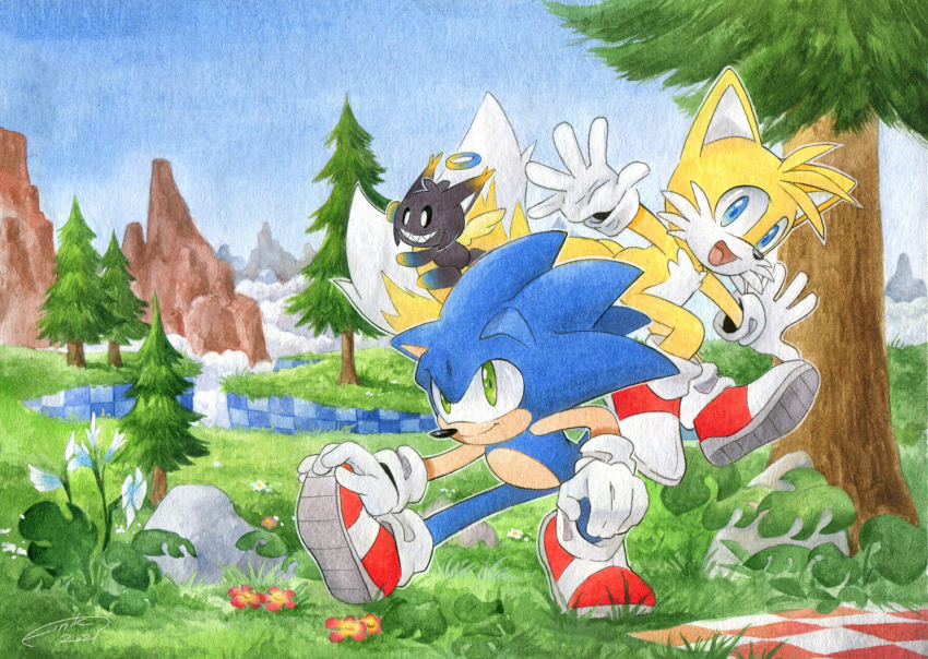 2boys, animal_ears, animal_nose, blue_eyes, blue_fur, blue_sky, chao_(sonic), finik, fox_boy, furry, furry_male, gloves, grass, green_eyes, hero_chao, highres, hill, hill_top_zone, male_focus, multiple_boys, multiple_tails, open_mouth, red_footwear, shoes, short_tail, sky, smile, sneakers, sonic_(series), sonic_the_hedgehog, tail, tails_(sonic), tree, two_tails, white_gloves, yellow_fur