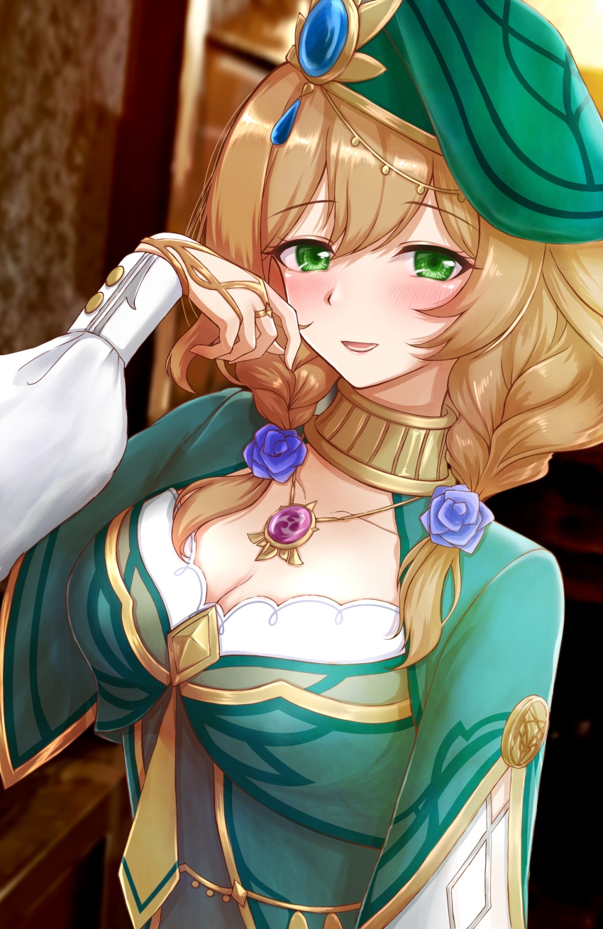 1girl, absurdres, akademiya_uniform, beret, blue_gem, braid, breasts, cleavage