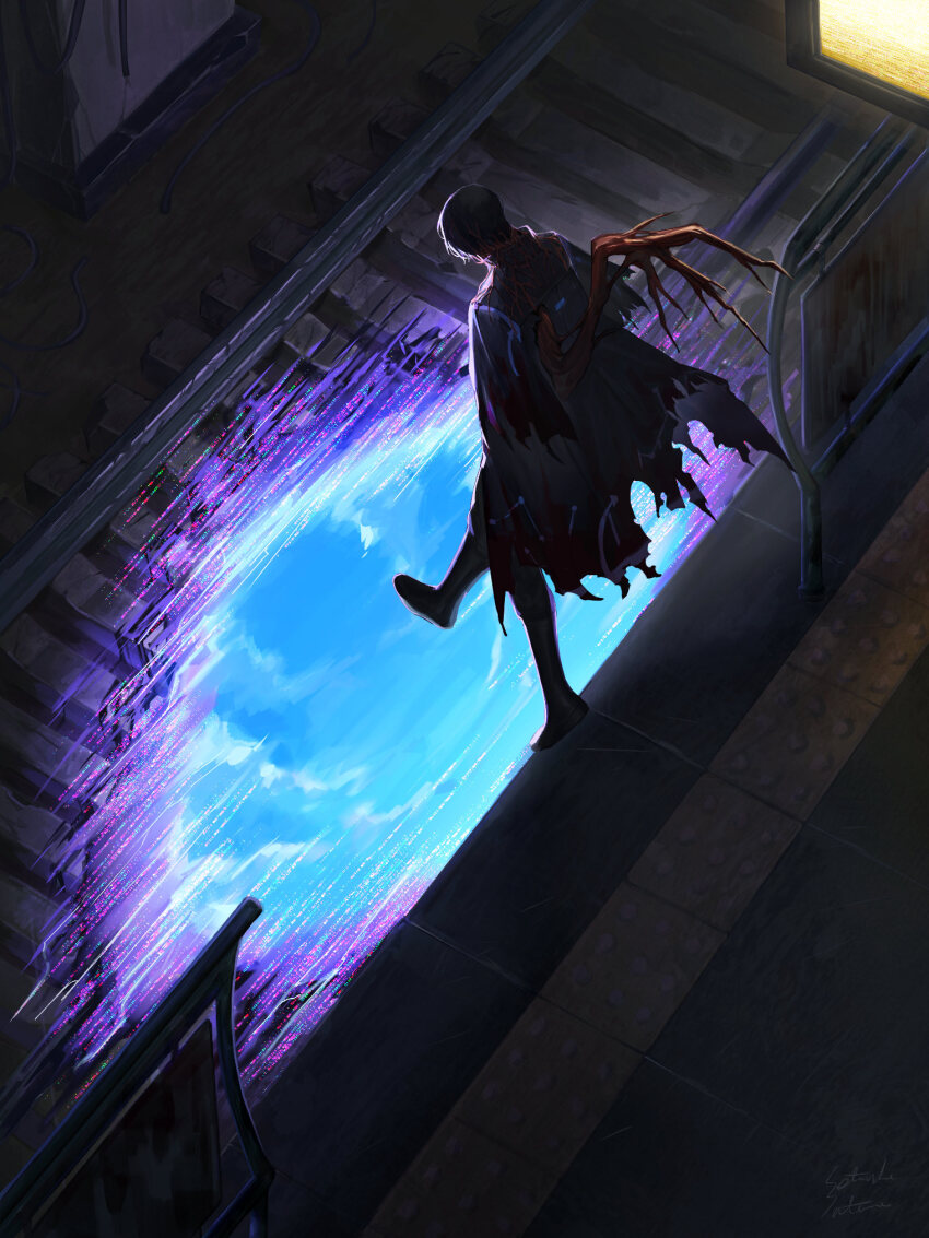 1boy, black_boots, black_hair, blue_cape, blue_sky, boots, cape, dimension_shredder_(e.g.o)