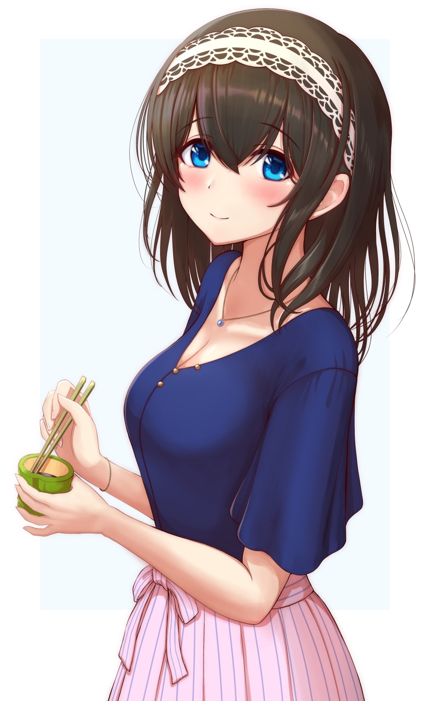 1girl, absurdres, argyle_clothes, argyle_hairband, black_hair, blue_eyes, blush, breasts