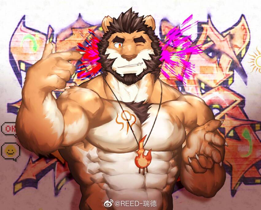 1boy, abs, alca_(wakatanka4), alca_the_lion, animal_ears, bara, chest_tuft, flame_necklace, flamel_symbol, furry, furry_male, gyee, large_pectorals, lion_boy, lion_ears, looking_at_viewer, male_focus, muscular, muscular_male, no_nipples, nude, one_eye_closed, original, pectorals, reed_orison, short_hair, solo, stomach
