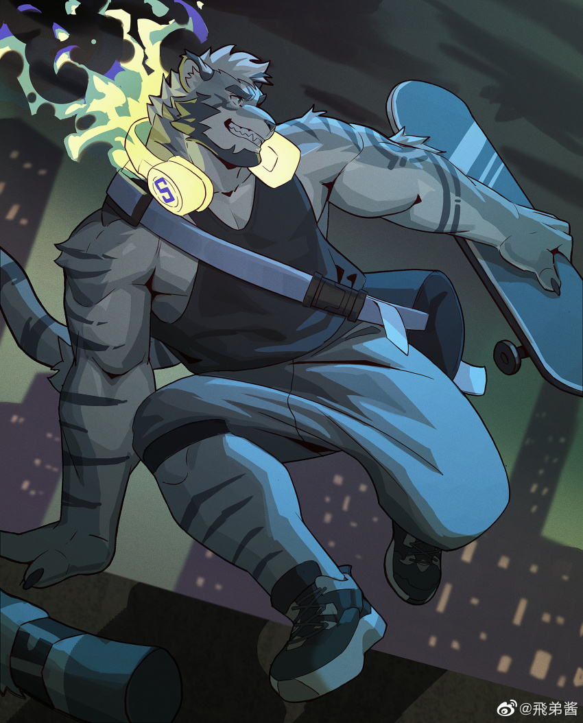 1boy, absurdres, bara, beard, black_tank_top, blue_theme, facial_hair, fdj_1997