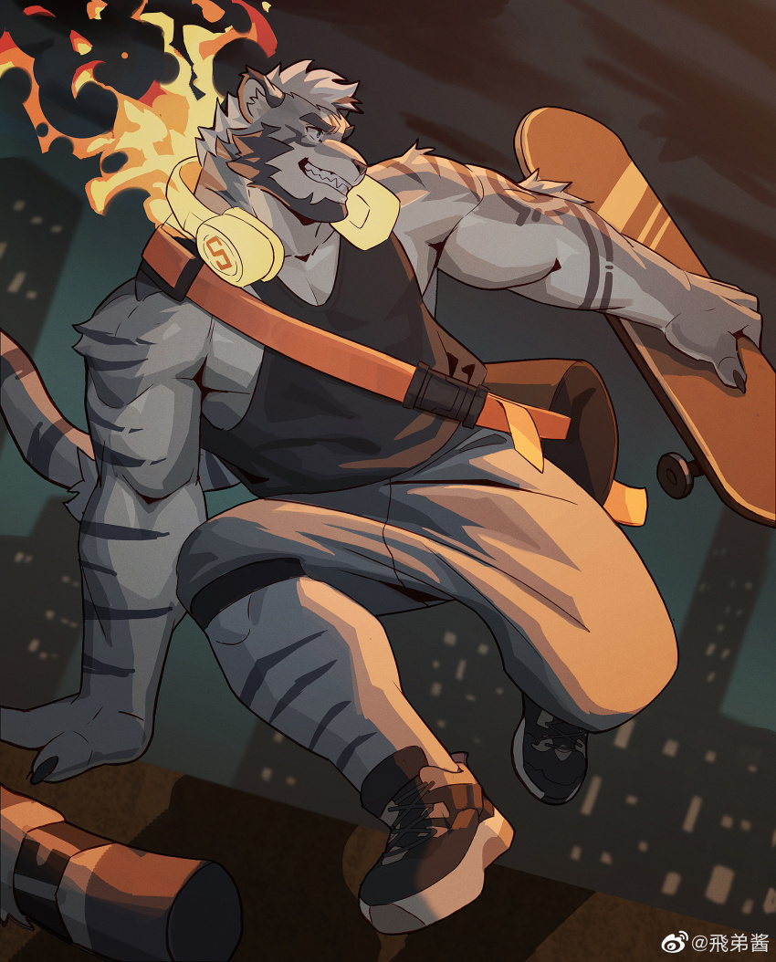 1boy, absurdres, bara, beard, black_tank_top, facial_hair, fdj_1997, fiery_headphones