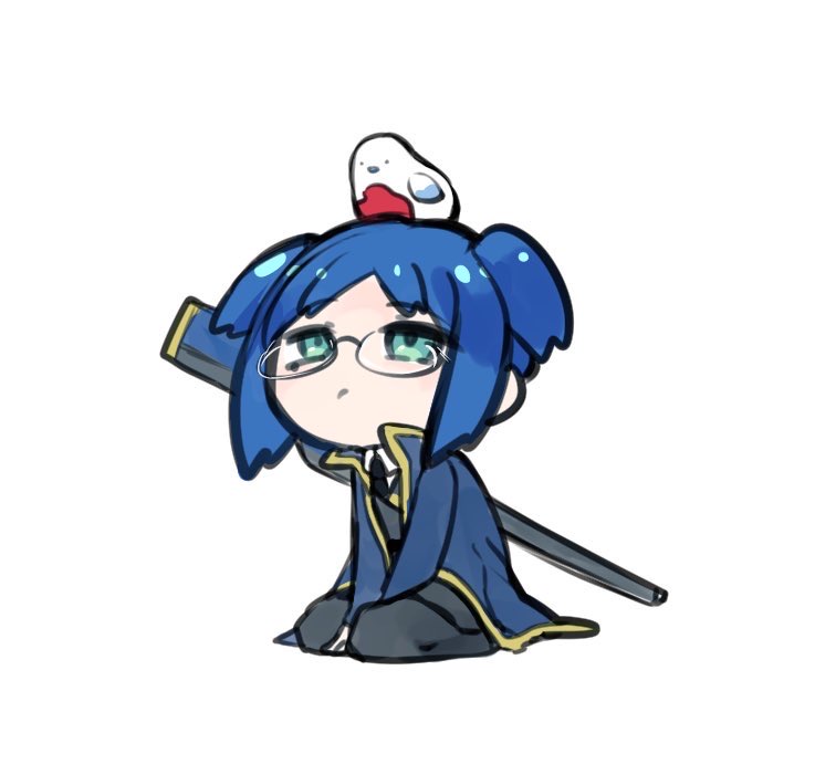 animal, animal_on_head, aosoraa6, aqua_eyes, bird, bird_on_head, black_necktie, blue_coat