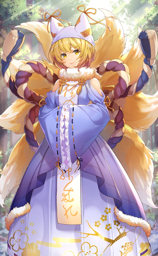 1girl, animal_ears, back_bow, bare_shoulders, black_ribbon, blonde_hair, bow, closed_mouth, dappled_sunlight, detached_sleeves, dress, feather_boa, floral_print, forest, fox_ears, fox_tail, frilled_sleeves, frills, fur_trim, hat, hat_ribbon, juliet_sleeves, large_bow, layered_dress, long_dress, long_sleeves, mob_cap, multiple_tails, nature, nonomaro, off-shoulder_dress, off_shoulder, official_alternate_costume, official_art, orange_ribbon, own_hands_together, pink_lips, puffy_sleeves, purple_dress, purple_sleeves, ribbon, ribbon-trimmed_sleeves, ribbon_trim, rope, scarf, shimenawa, short_hair, sleeve_ribbon, sleeves_past_fingers, sleeves_past_wrists, smile, solo, sunlight, tabard, tail, tassel, touhou, touhou_cannonball, tree, two-tone_ribbon, white_hat, white_scarf, wide_sleeves, yakumo_ran, yakumo_ran_(zodiac_race), yellow_eyes, yellow_ribbon