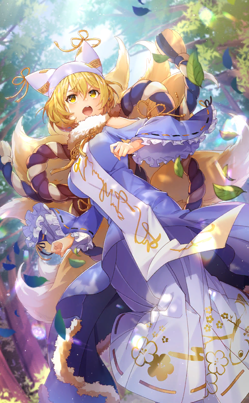 1girl, animal_ears, back_bow, bare_shoulders, black_ribbon, blonde_hair, bow, breasts, clenched_hands, detached_sleeves, dress, dutch_angle, falling_leaves, floral_print, fluffy_scarf, forest, fox_ears, fox_tail, frilled_sleeves, frills, frown, fur_trim, hat, hat_ribbon, large_bow, large_breasts, layered_dress, leaf, long_sleeves, mob_cap, multiple_tails, nature, nonomaro, off-shoulder_dress, off_shoulder, official_alternate_costume, official_art, open_mouth, orange_ribbon, purple_dress, ribbon, ribbon-trimmed_skirt, ribbon-trimmed_sleeves, ribbon_trim, rope, running, scarf, shimenawa, short_hair, sleeve_bow, solo, tabard, tail, tassel, teeth, touhou, touhou_cannonball, tree, two-tone_ribbon, upper_teeth_only, v-shaped_eyebrows, white_hat, white_scarf, wide_sleeves, yakumo_ran, yakumo_ran_(zodiac_race), yellow_eyes, yellow_ribbon