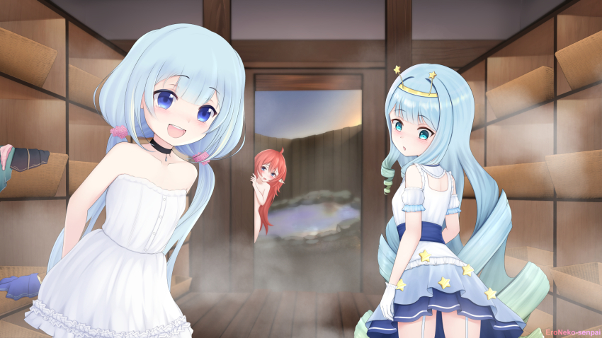 3girls, akiko_sushi, amami_ami, artist_name, basket, blue_eyes, blue_hair, commission