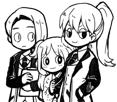 1boy, 2girls, closed_mouth, coat, collared_shirt, commentary_request, e.g.o_(project_moon), employee_(project_moon)