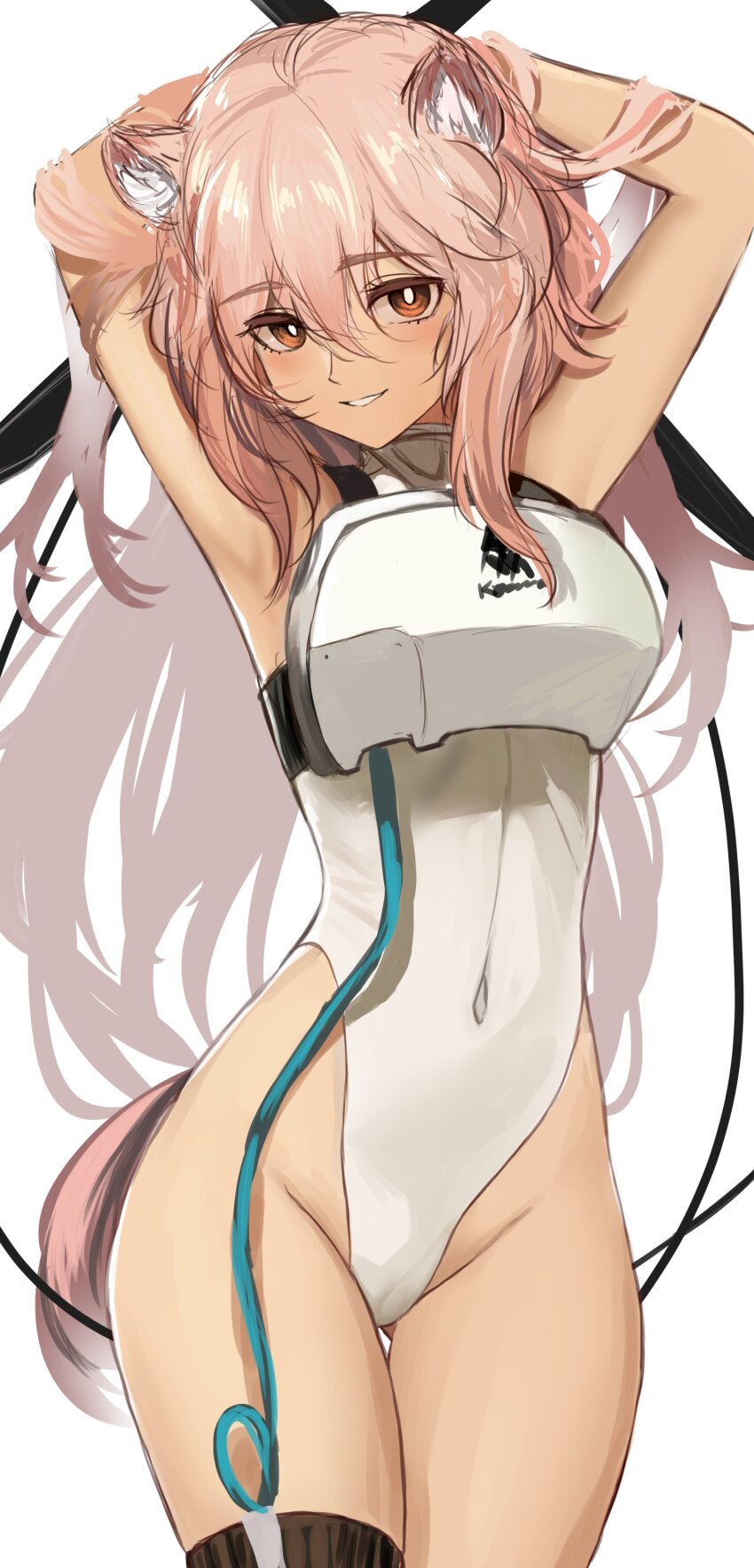 1girl, absurdres, animal_ear_fluff, animal_ears, arknights, arms_behind_head, chest_armor, covered_navel, gravel_(arknights), highleg, highleg_leotard, highres, irvinetope, leotard, long_hair, parted_lips, pink_hair, prairie_dog_ears, prairie_dog_tail, smile, solo, tail, white_leotard